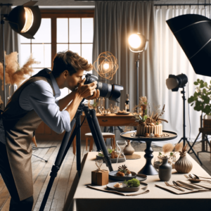 Junger Fotograf macht Bilder von einem elegant dekorierten Desserttisch in einem professionellen Fotostudio mit Beleuchtungsausrüstung im Hintergrund